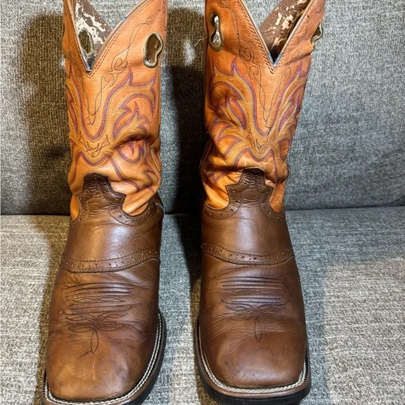 Justin Square Toe Men's Brown & Orange Western Cowboy Boots Size 12D - Picture 3 of 12
